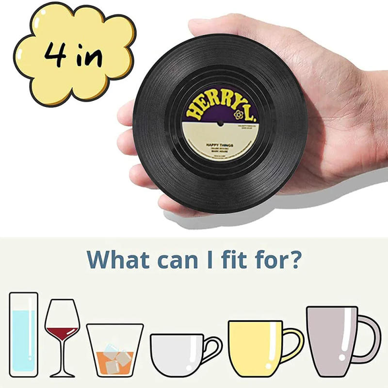 Description Picture 6 of item6 Pcs/Set Vinyl Original Coasters Holder Retro Record Disk Drink Mug Pad Mat Under Glass Hot Utensil Decorative Tray Silicone