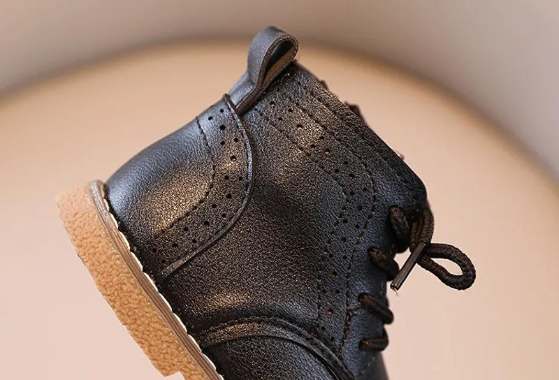 Description Picture 3 of itemChildren Boots British Style Fretwork Pu Leather Brown Black Boys Girls Short Boot 21-30 Toddler Zipper Solid Color Kids Shoes