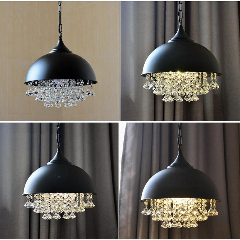 Description Picture 6 of itemIndustrial Black Vintage Pendant Lamp Iron Crystal Chandelier Lighting Ceiling Fixture Restaurant Cafe Kitchen Lamp Design