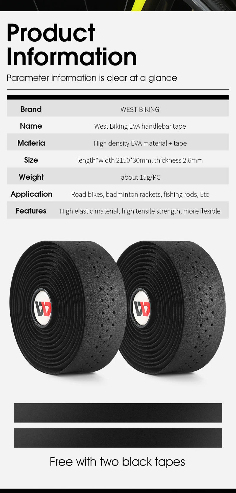 Description Picture 4 of itemWEST BIKING EVA Bar Tape High Tenacity Handlebar Tape Adhesive Bike Handle Tape Shock Absorbing Bar Tape With Hole for Road Bike