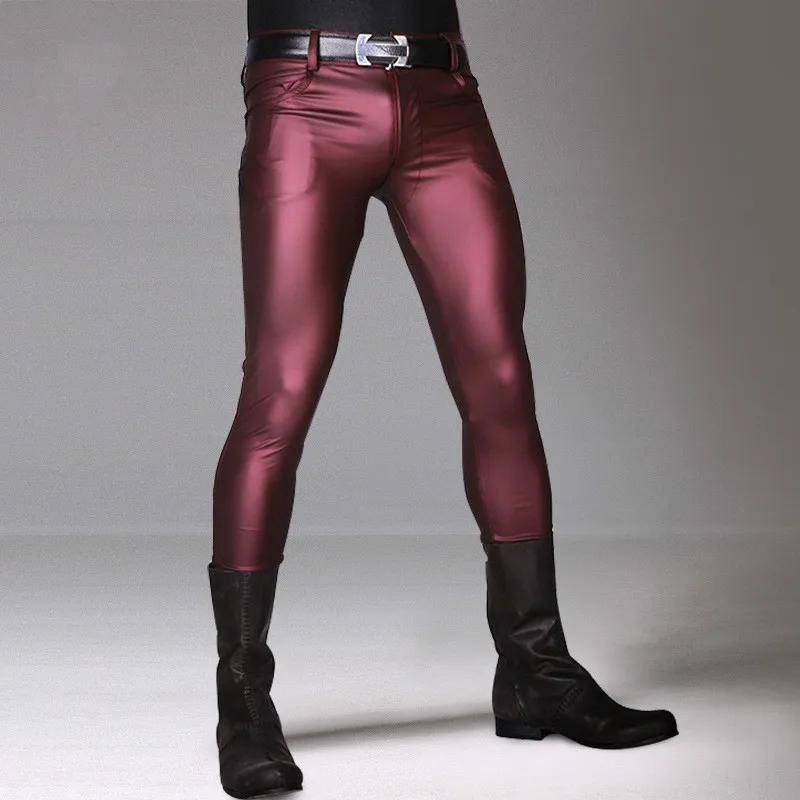 Description Picture 4 of itemWine Red Black Faux Leather Men Pants Skinny Casual Trousers Punk Rock Pencil Pants Stretch Tight Leggings Stage Show Clubwear