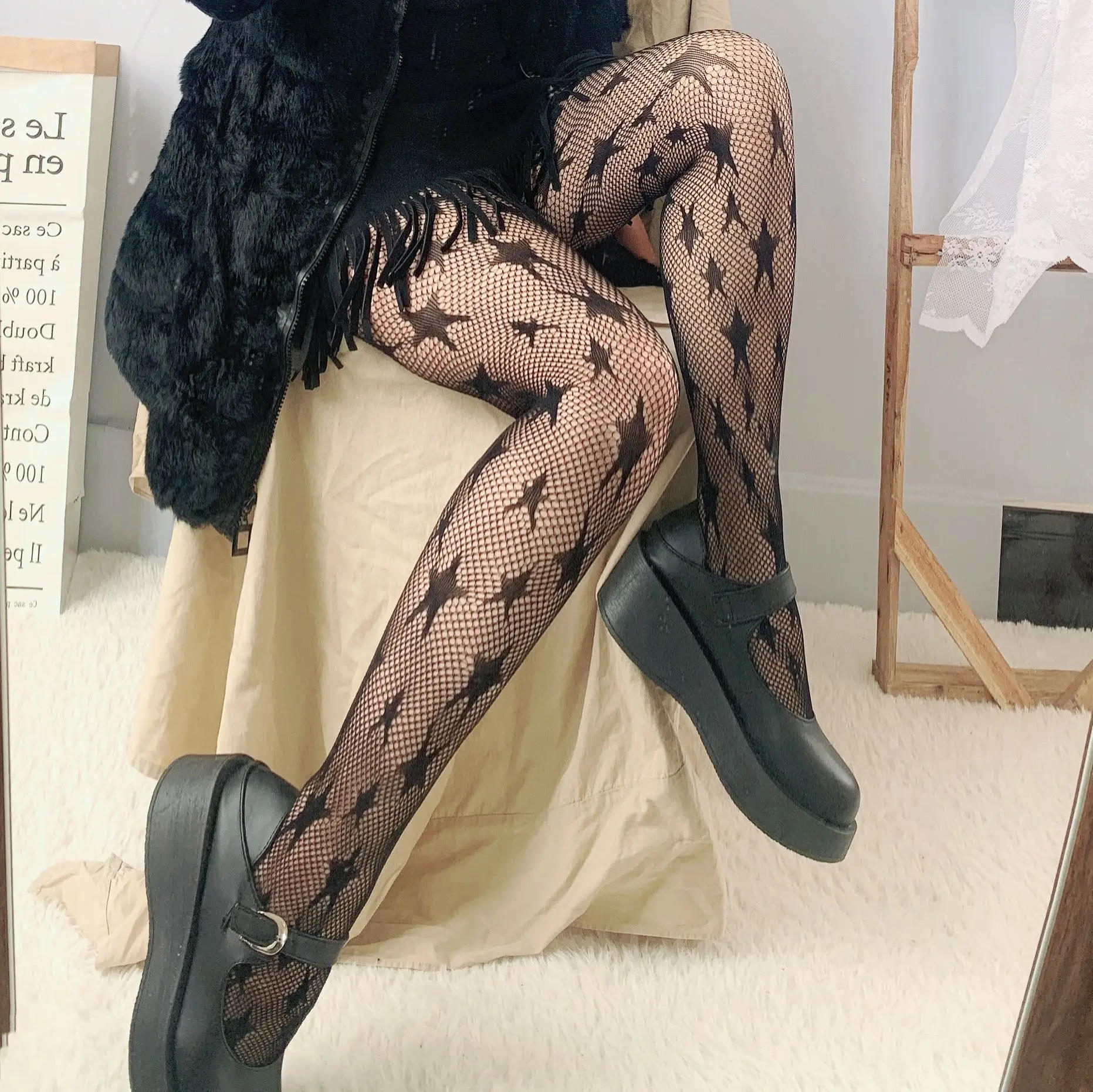 Description Picture 3 of itemLolita Dark Black Pantyhose Star Mesh Stockings Female Fishnet Stockings JK Girls Socks Mesh Tights Lingerie Thigh High JK Socks