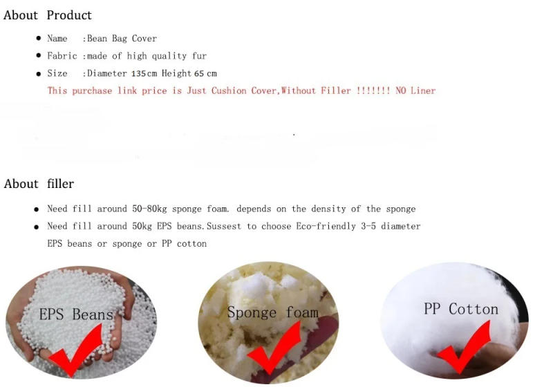 Description Picture 5 of item5ft Giant Fur Bean Bag Cover Living Room Furniture Big Round Soft Fluffy Faux Fur BeanBag Lazy Sofa Bed Coat Without Fillings