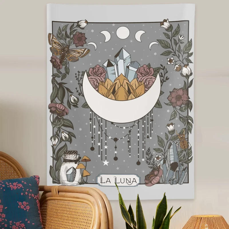 Description Picture 6 of itemLa Luna Tapestry Wall Hanging Moon  Phase Tarot Card psychedelic scene home decoration Witchy Nature Hanging Wall Art sheets
