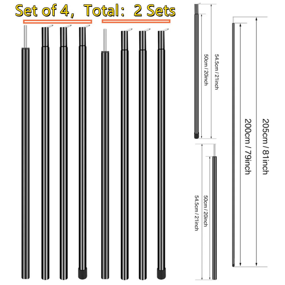 Description Picture 2 of itemSet of 2 Tent Poles Adjustable Tarp Poles Steel Rods for Sun Shelter Tarp Canopy Camping Replacement With Pegs & Ropes
