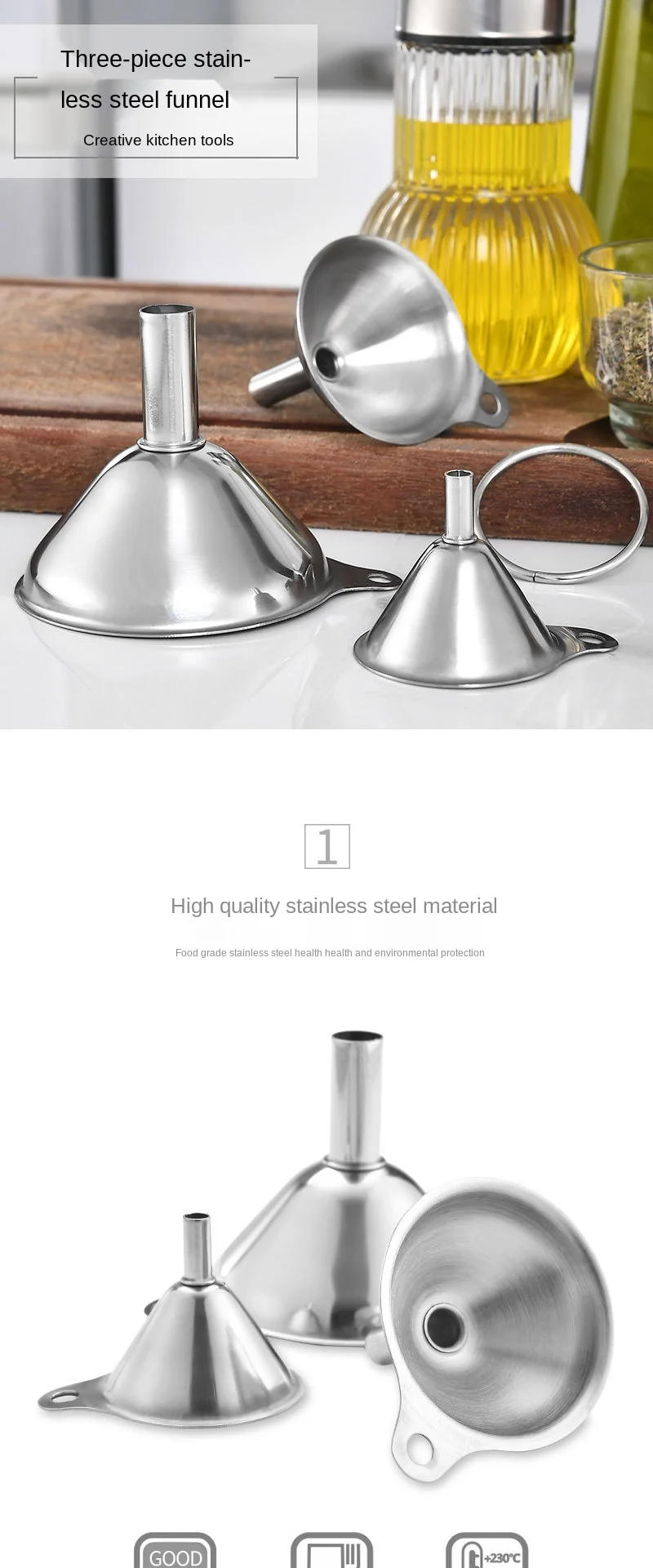 Description Picture 2 of item3Pcs Mini Small Mouth Funnel Stainless Steel Filling Hip Flask Beer Liquid Oil Kitchen Gadget Spice Wine Flask Filter Funnel