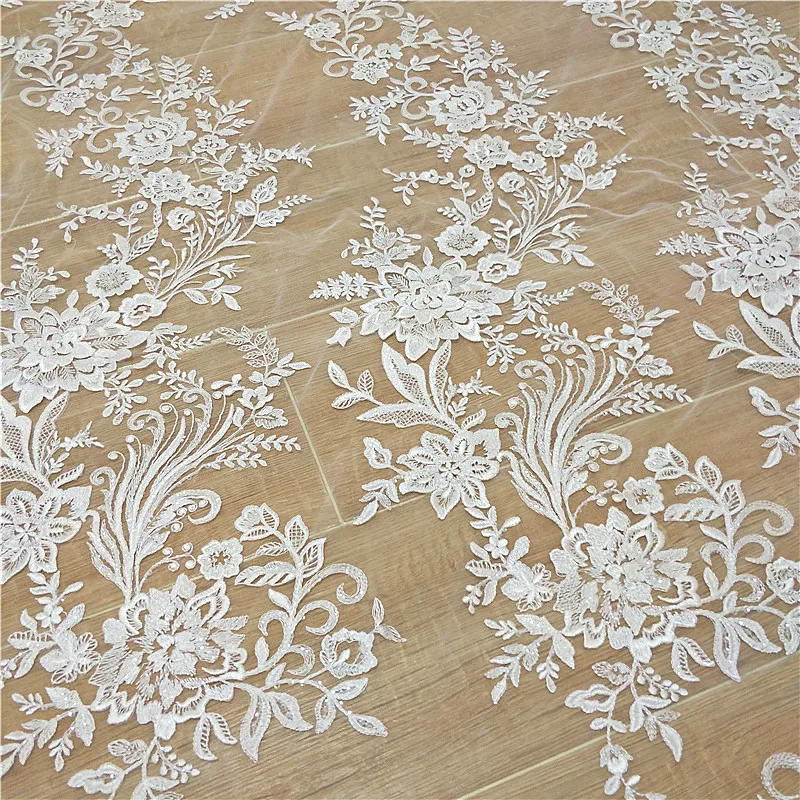 Description Picture 4 of itemFashionable french lace fabric with sequins lace fabric 130cm width dress lace ivory lace sell by yard