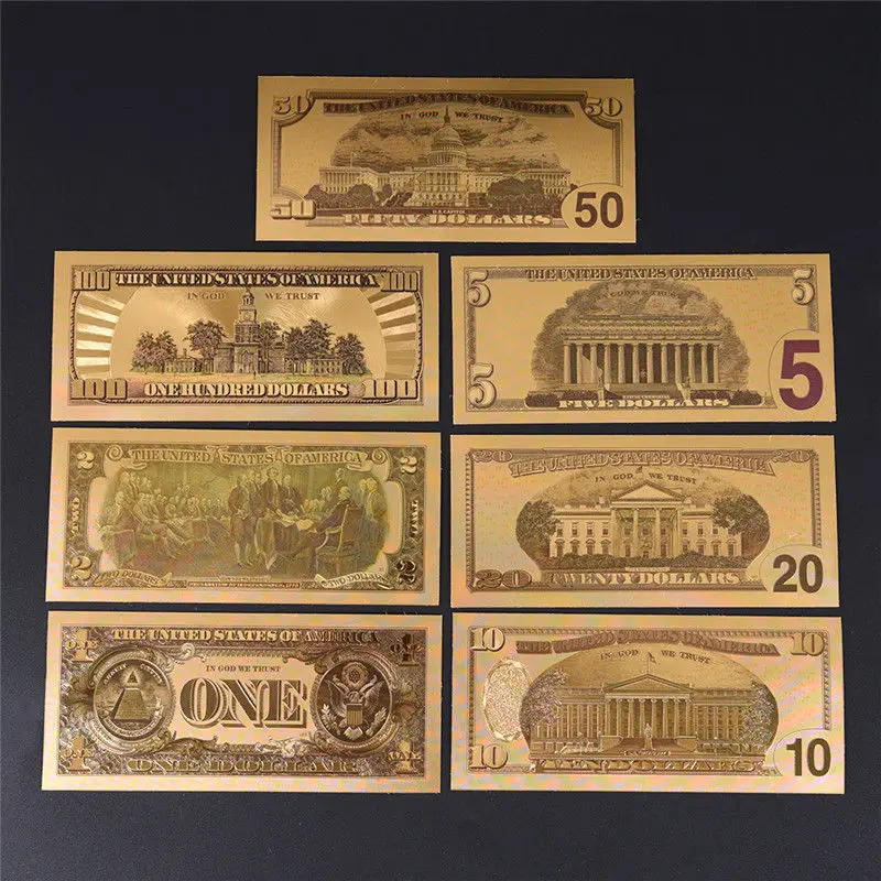Description Picture 4 of item7Pcs/Lot Gold Plated US Dollar Fake Paper Money Banknotes Crafts For Collection Home Decor
