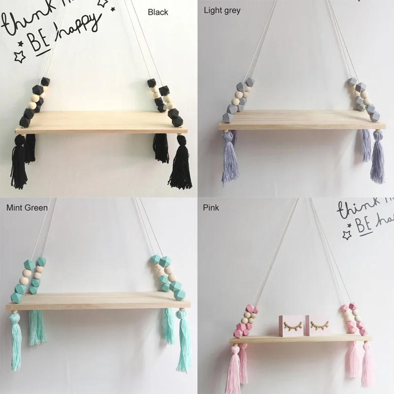 Description Picture 3 of itemNordic style colorful tassel wooden Wall Shelf Wall clapboard decoration Children room kids clothing store display stand