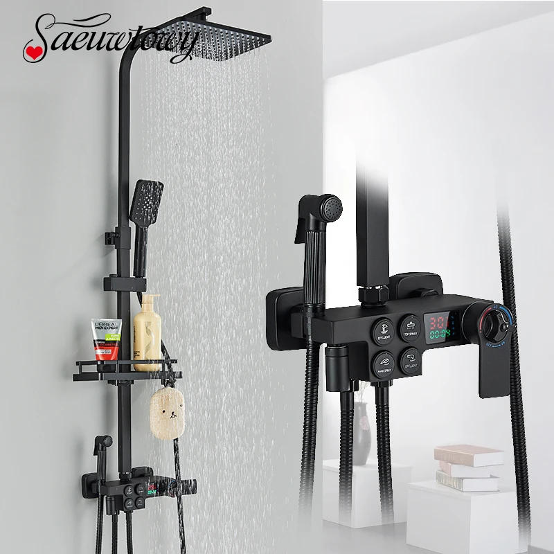 Description Picture 2 of itemMatte Black 4 Functions Display Screen Shower Faucet Bathroom Rotate Bath Tub Bidet Shower Push Button Rainfall Head Mixer Tap