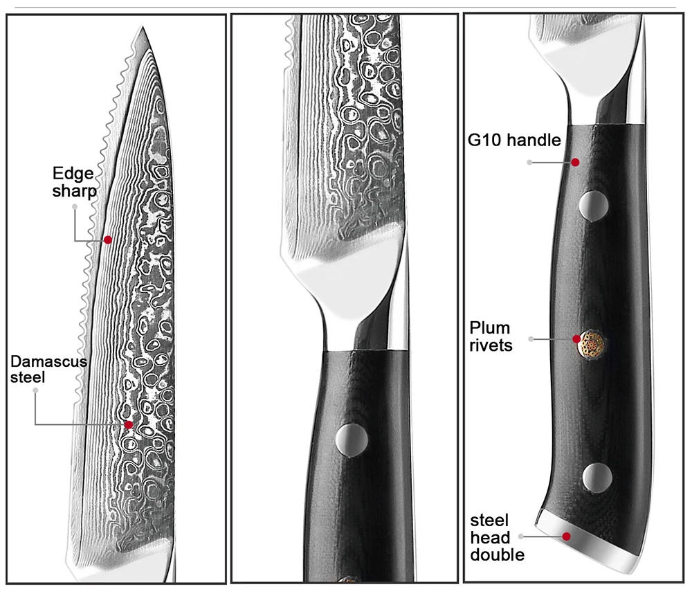 Description Picture 4 of itemXITUO High Quality Damascus Steak Knife Set Japanes VG10 Steel Black G10 Handle Western Knife Home&Restaurant Dinner Meat Knives