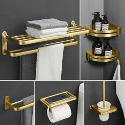 Aluminum Brushed Gold Bath Hardware Accessory Set Foldable Towel Rack/Ring Paper/Toilet Brushed Holder/Box Corner Shelf Hooks