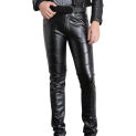 Men Solid Color Faux Leather Multi Pockets Skinny Pants Stage Club Long Trousers