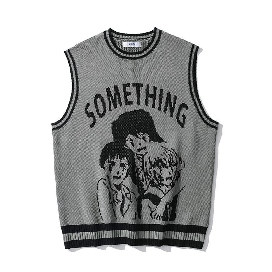 Description Picture 6 of itemCollege Knitted Vest Sweaters Men Women Street Hip Hop Casual Band Cartoons Anime Pattern O-neck Sleeveless Sweaters Tops 2022