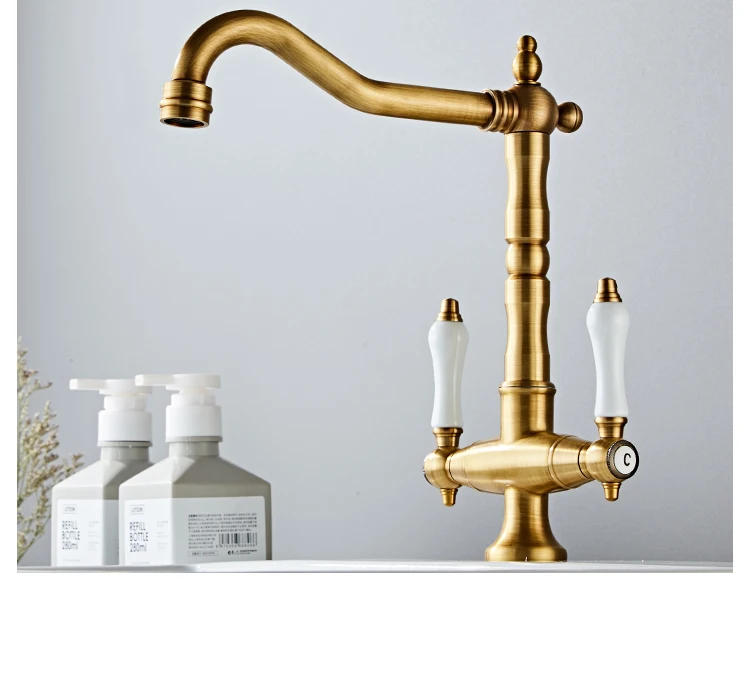 Description Picture 5 of itemFaucet for Kitchen Dual Handle Antique Brass Retro Faucet 360 Degree Rotation Kitchen Sink Taps Deck Mounted Bathroom Sink Mixer