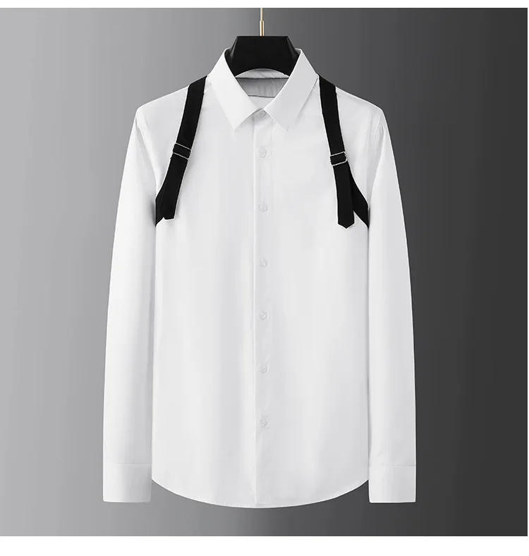 Description Picture 6 of itemBrand Vintage Webbing Stitching Men's Shirt Long Sleeve Casual Business Dress Shirt Slim Social Party Star Stage Tuxedo Blouse