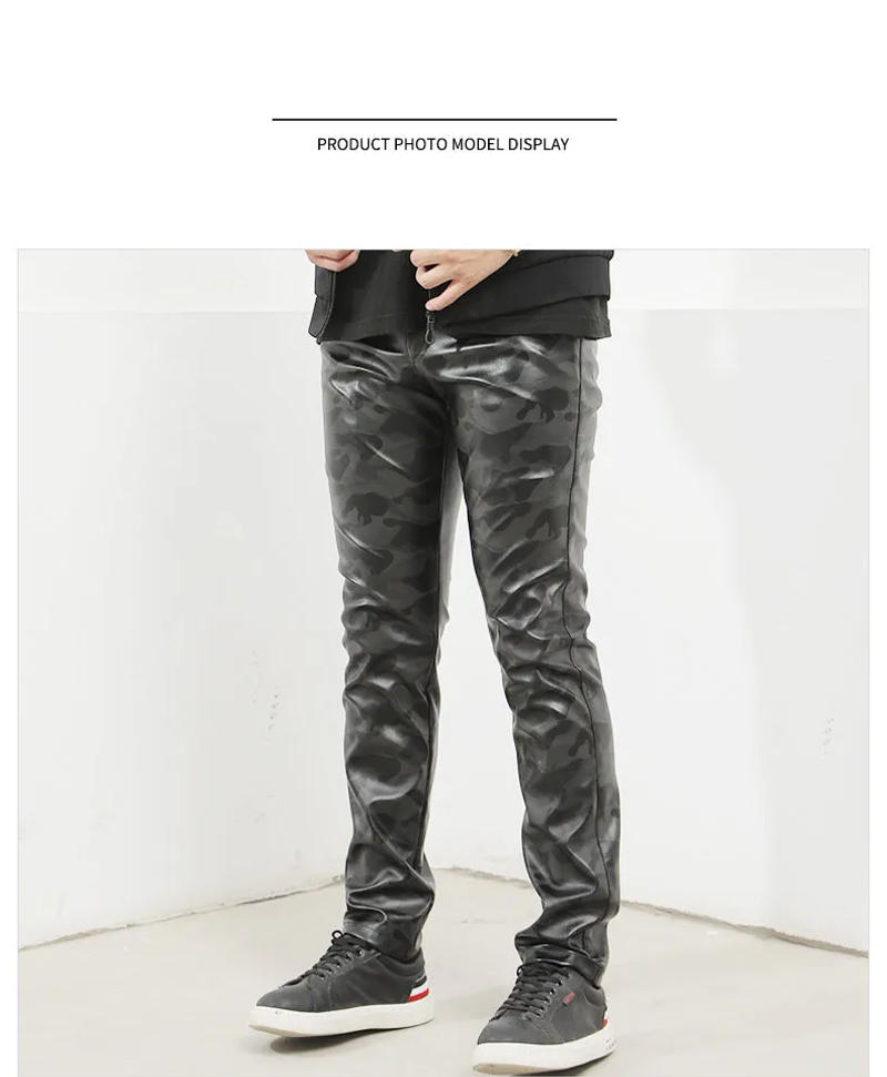 Description Picture 3 of itemIdopy Fashion Men`s Casual Camouflage Faux Leather Pants Stretchy Motorcycle Biker Slim Fit Pencil PU Punk Trousers For Male