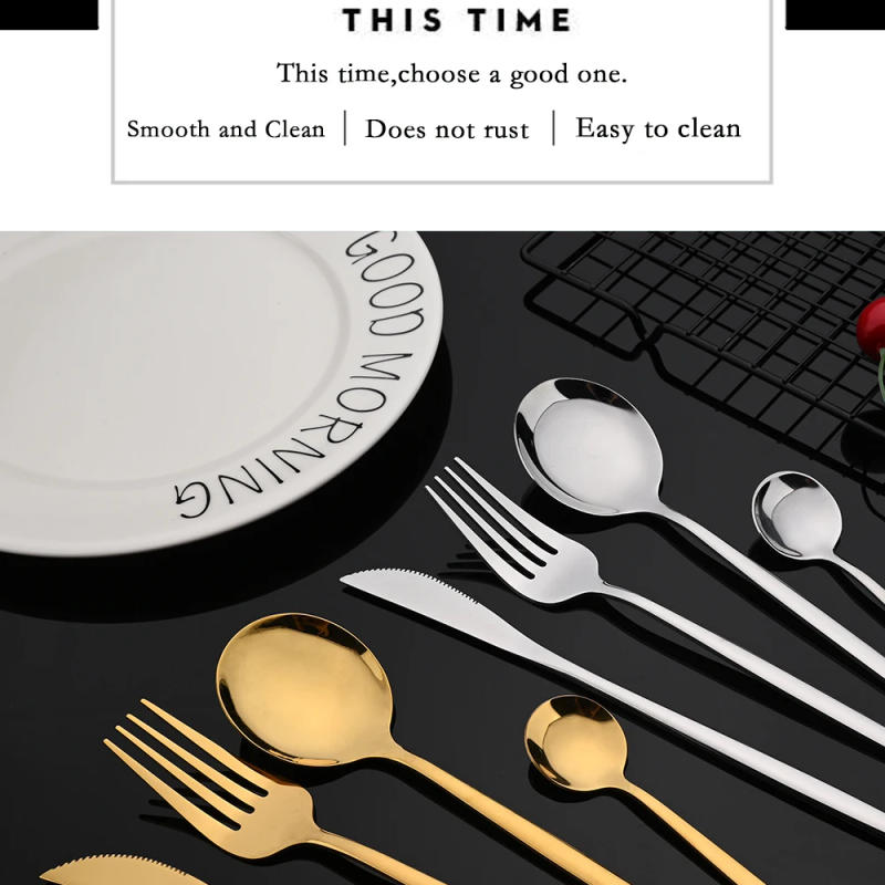 Description Picture 3 of itemMirror Rose Gold Flatware Cutlery Set Sainless Steel Home Dinnerware Party Fork Spoon Dessert Knife Kitchen Dinner Tableware Set