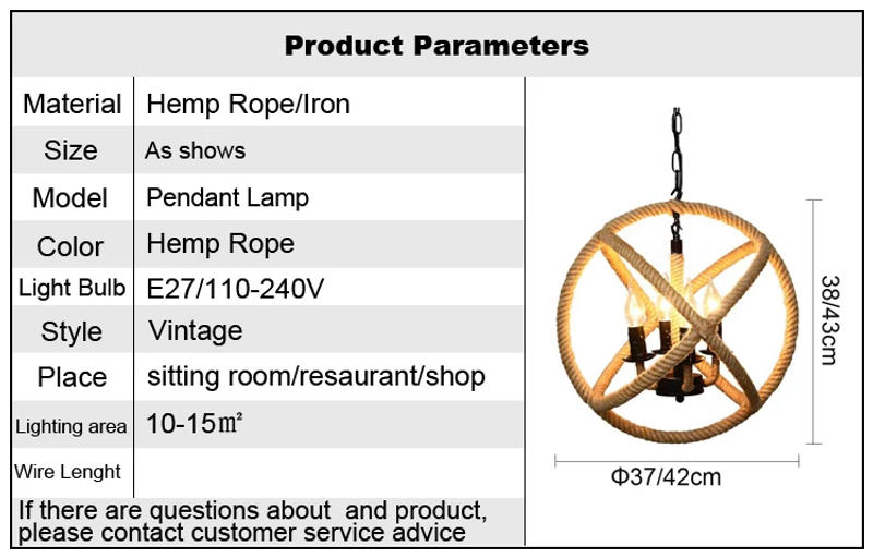 Description Picture 2 of itemVintage Pendant Lamp E27 Hemp Rope Iron Lampshade For Bar Shop/Coffee House Loft Indoor Lighting Cord Pendant Lights