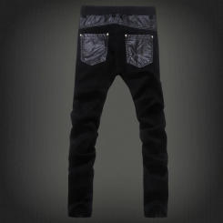 Fashion Designer Men's Black Zipper Motorcycle Leather Pants Korean Slim Skinny splice Leather Pants Fashion Men's Denim Pants
