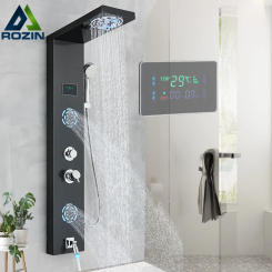 Rozin LED Bathroom Shower Faucet with LCD Black Rainfall Shower Panel Wall Mounted 5 Mode Massage Jet Shower Column Mixer Tap