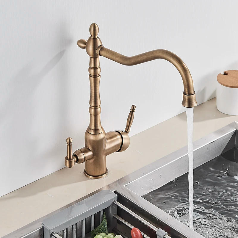 Description Picture 3 of itemAntique Brass Filter Kitchen Faucet Drinking Pure Water Kitchen Tap Deck Mounted Dual Handles 3-Ways Hot and Cold Water Mixer