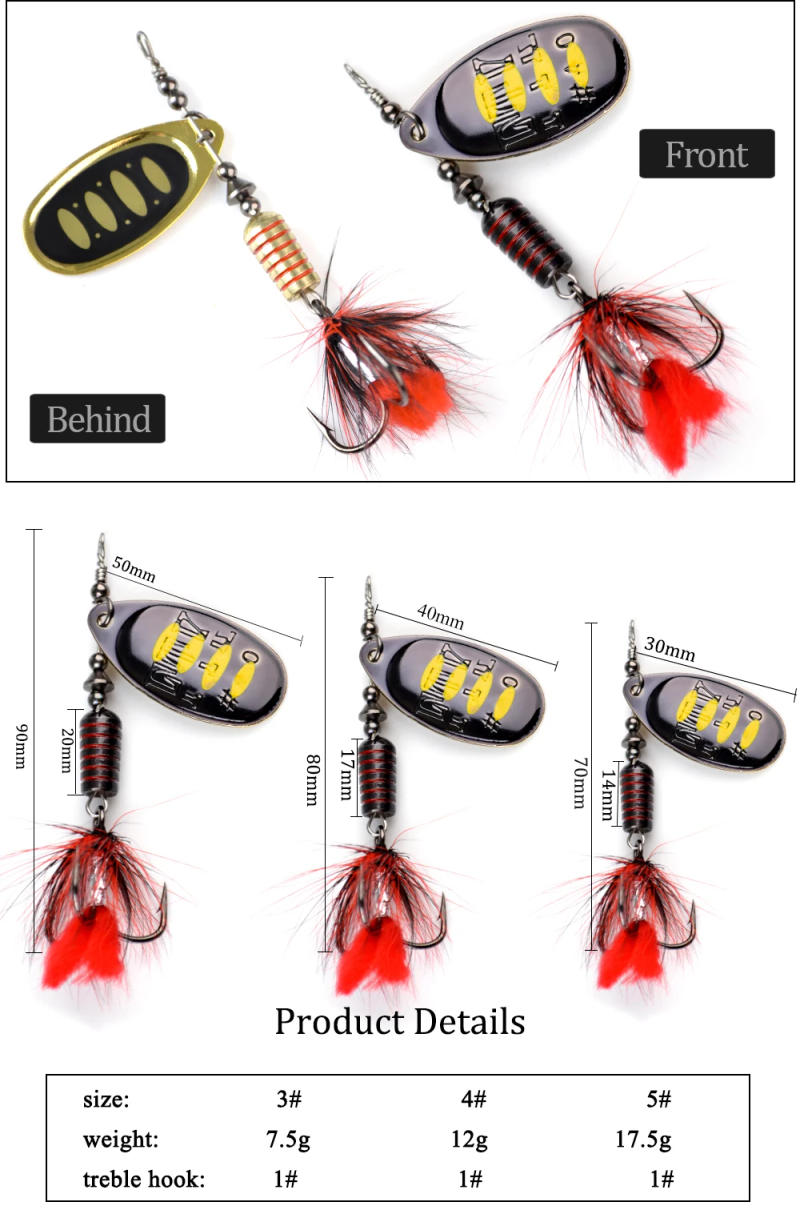 Description Picture 4 of itemFTK 1pc Spinner Bait 7.5g 12g 17.5g Hard Spoon Bass Lures Metal Fishing Lure With Feather Treble Hooks For Pike Fishing