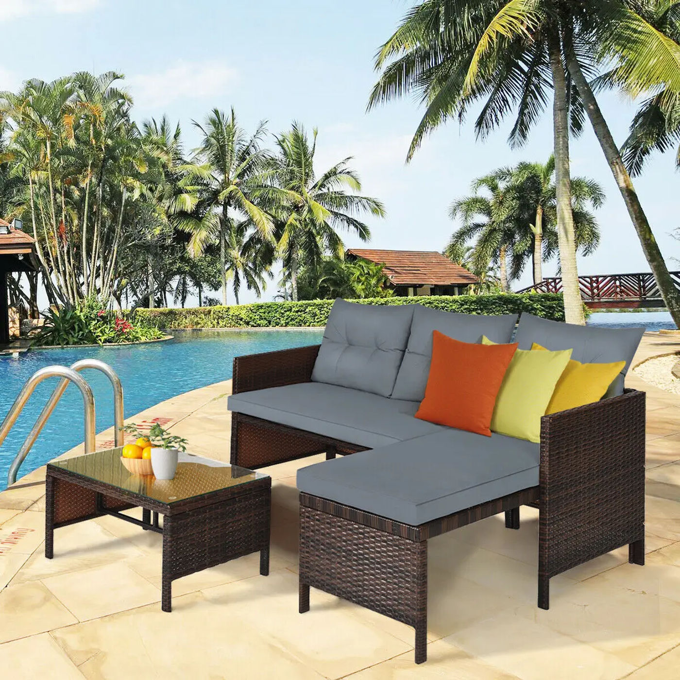 Description Picture 5 of itemCostway 3PCS Patio Wicker Rattan Sofa Set Outdoor Sectional Conversation Set Garden Lawn HW63870