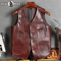 Vintage Mens Cowhide Genuine Leather Vest Top V Neck Single Breasted Pockets Sleeveless Cargo Jacket Slim Fit Waistcoat Vests