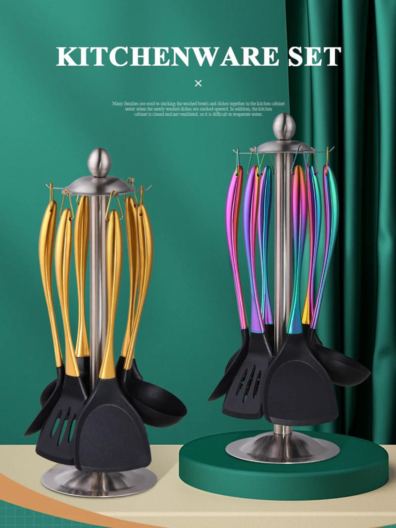 Description Picture 2 of itemGold Cooking Tool Set Silicone Head Kitchenware Stainless Steel Handle Soup Ladle Colander Set Turner Serving Spoon Kitchen Tool