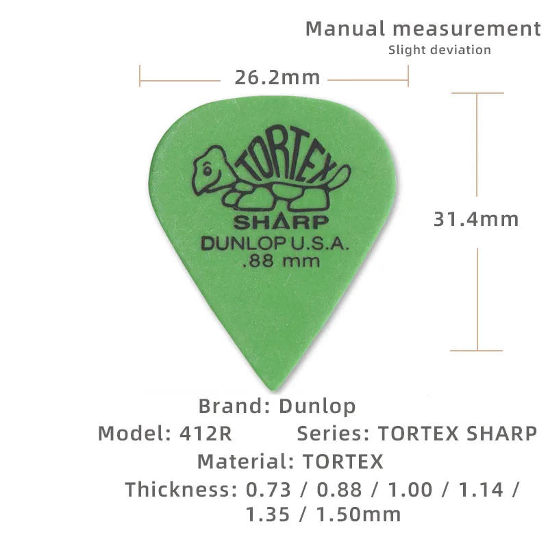 Description Picture 3 of itemDunlop  Pick. 412R Tortex SHAPP non-slip and wear-resistant acoustic guitar picks. Thickness is 0.73/0.88/1.00/1.14/1.35/1.50mm.