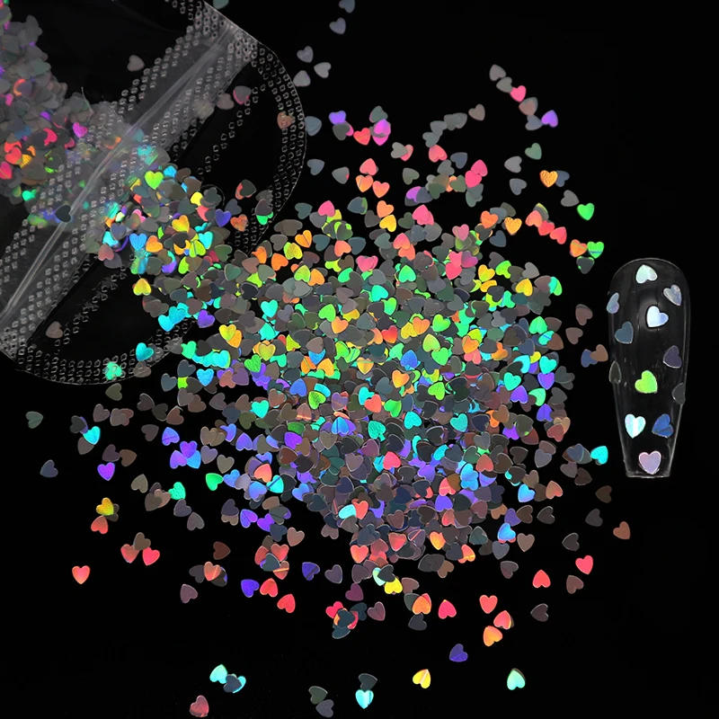 Description Picture 5 of item2g Holographic Nail Art Glitter Shiny Sweet Love Heart Flakes Sequins 3D Nails Paillette Manicure Valentine's Day Decorations