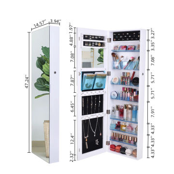 Full Mirror Makeup Mirror 8-layer Acrylic Storage Cabinet Solid Wood Covered Jewelry Mirror Cabinet White US warehouse