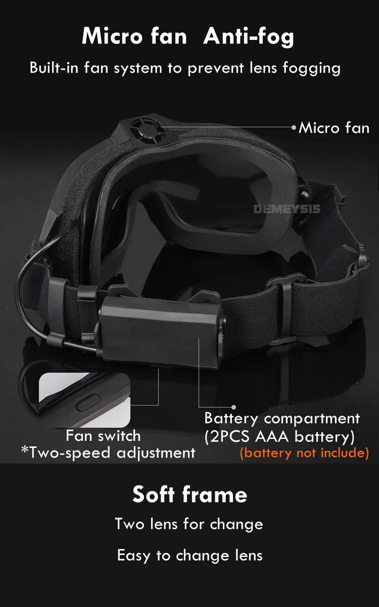 Description Picture 6 of itemTactical Goggles with Micro Fan Ourdoor Sport Airsoft Cs Wargame Shooting Glasses for Paintball Eyewear Hiking Sunglasses
