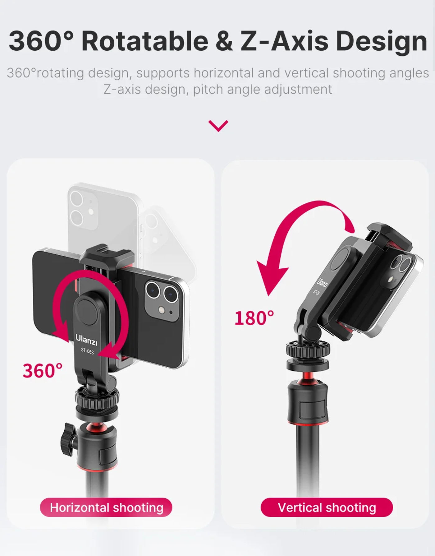 Description Picture 4 of itemUlanzi ST-06S 360°Rotatable Phone Holder Vertical Shoot PhoneMount Tripod Mount With Cold Shoe phone Clip Clamp Vlog Video