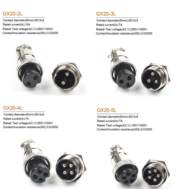 Description Picture 6 of item1Set GX20 2/3/4/5/6/7/8/9/10/12/14/15 Pin 20mm Male + Female Circular Nut Type Wire Panel Aviation Connector Socket Plug