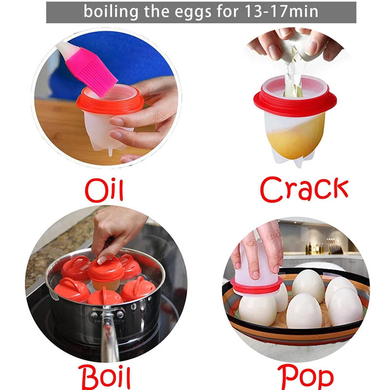 Description Picture 6 of item6 Pieces Egg Boiler Poachers Steamer Multi Functional Egg Slicer Cutter Silicone Egg Cups Boilers White Red Yolk Divider