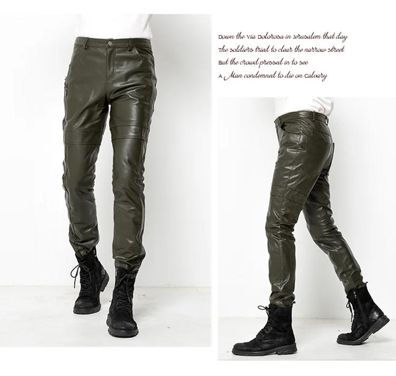 Description Picture 5 of itemGenuine Leather Pants Men Real Leather Sheepskin Motorcycle Male Trousers Autumn Winter Slim Fit Pencil Pants Army Green Black