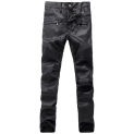 New France Style Mens Ripped Moto Pants Ribbed Skinny Black PU Leather Biker Slim Trousers Pencil Pants Size 29-40