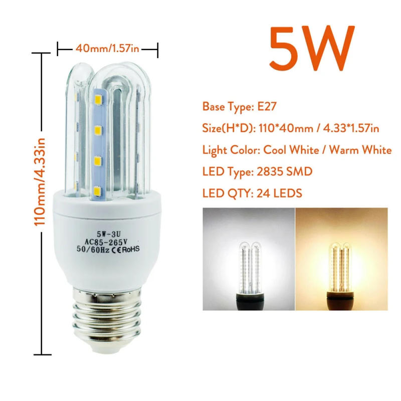 Description Picture 3 of itemEnergy Saving E27 LED Corn Light Bulbs 3W 5W 7W 9W 12W U Tube Fluorescent Neon Flood Lights 220V 110V Home Lamps 360° Lighting