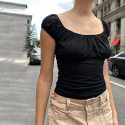 Fashion Women Ruched Short Sleeve Tops Crop Basic T-Shirts y2k Basic Shirts Streetwear Summer Casual Pullovers Streetwear