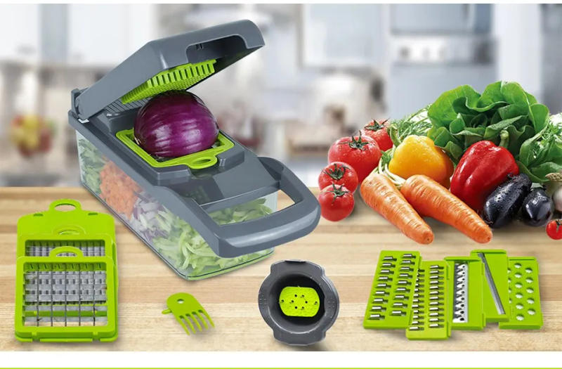 Description Picture 5 of item1Pc Green Black 12 in 1 Multifunctional Vegetable Slicer Cutter Shredders Slicer With Basket Fruit Potato Chopper Carrot Grater