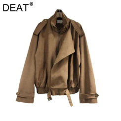 DEAT Women's Coat Stand Collar Minimalist Long Sleeve Loose Imitation Suede Zipper Casual Jackets 2025 Summer New Fashion 29A301