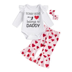 Baby Girls 3PCS Pants Sets Flying Sleeve O Neck Letter Print Romper Heart Print Pants Headband Sets