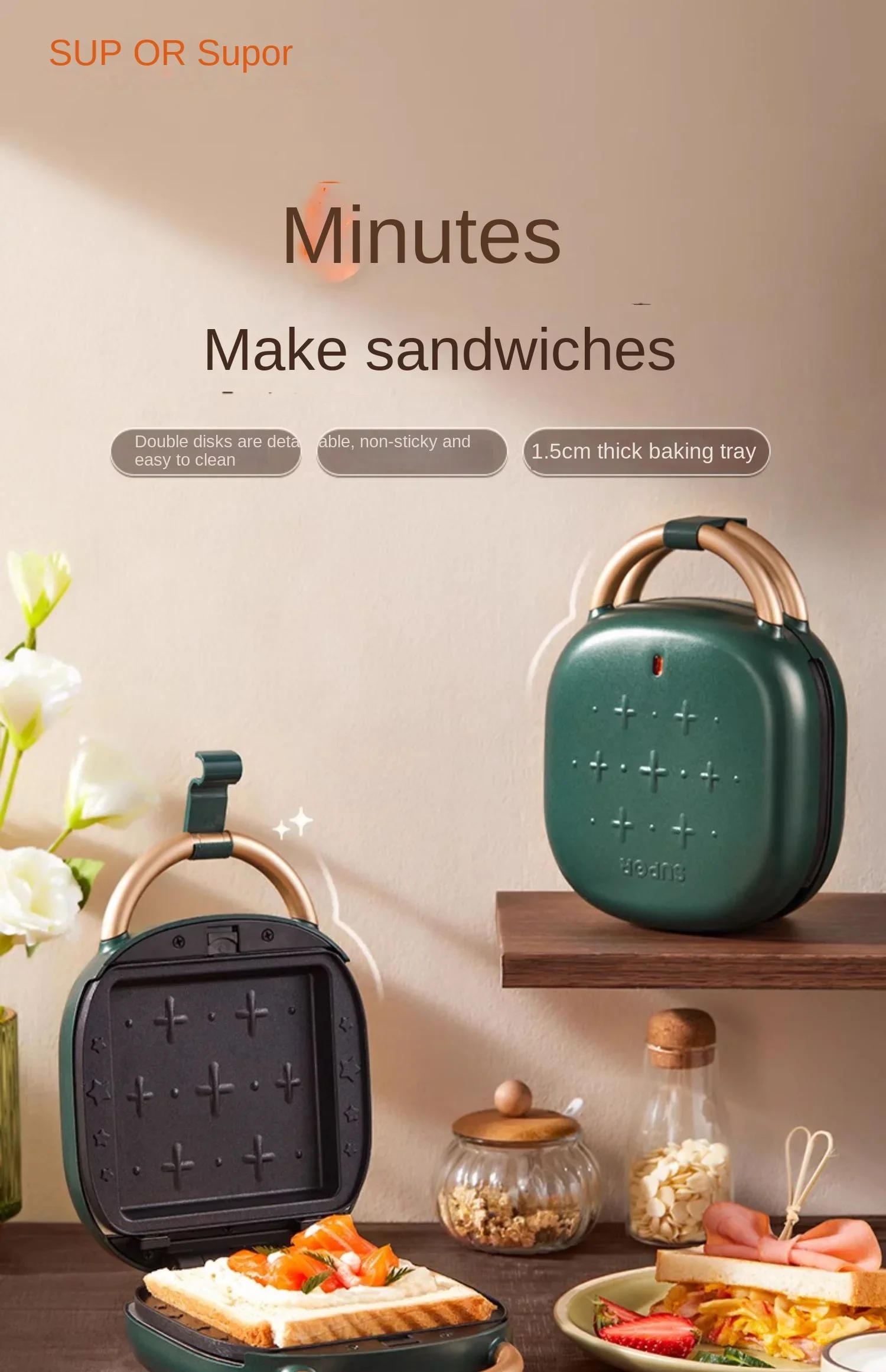 Description Picture 2 of item220V SUPOR Sandwich Maker with Non-Stick Plates, Compact Breakfast Machine for Toasted Sandwiches and More