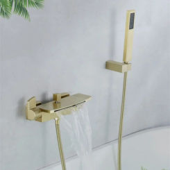 Bathtub Shower Set Wall Mounted Bathroom Double Handle Brush Gold Waterfall Faucet Solid Brass Casted Water Saving