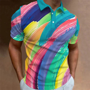 Newest Men'S Polo Shirt 3d Rainbow Printed Men Clothing Summer Casual Short Sleeved Lapel Button Oversized Shirt Street Tops