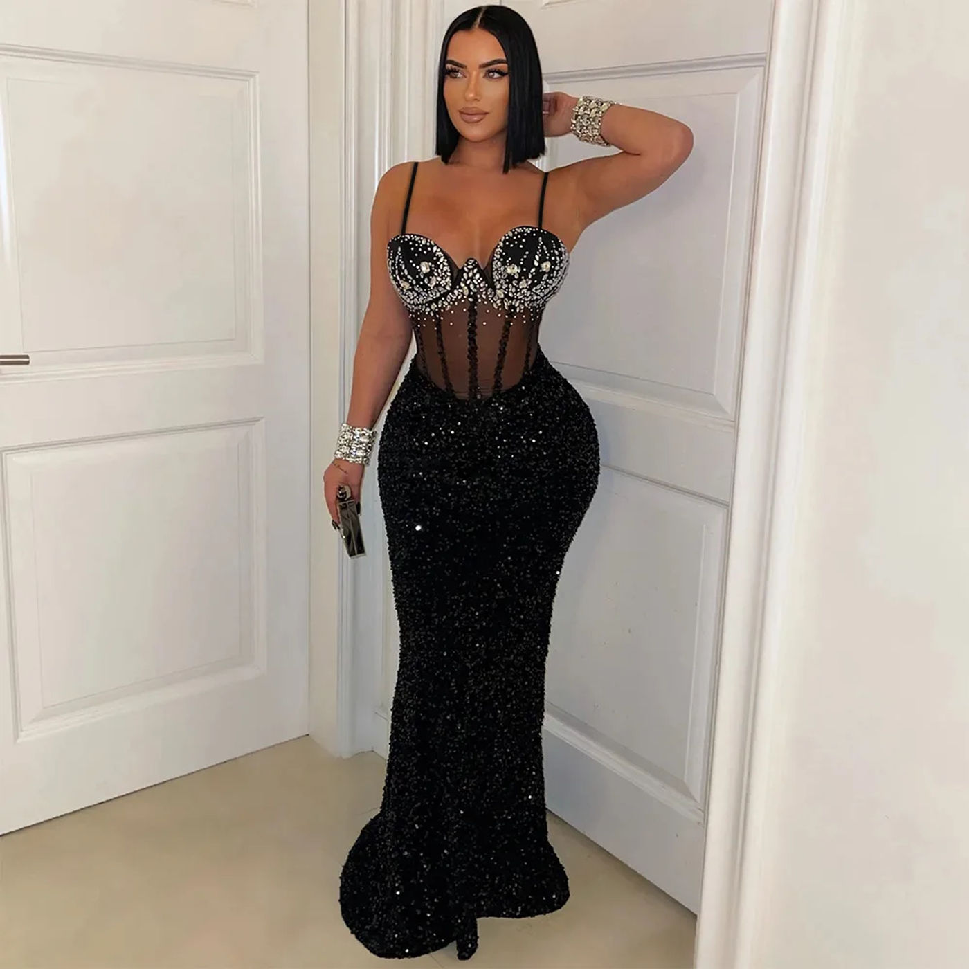 Description Picture 5 of itemCM.YAYA Women Mesh Velvet Diamonds Sleeveless Strap Bodycon Maxi Dress Sequine Birthday Sexy Party Evening Vestidos Long Dresses