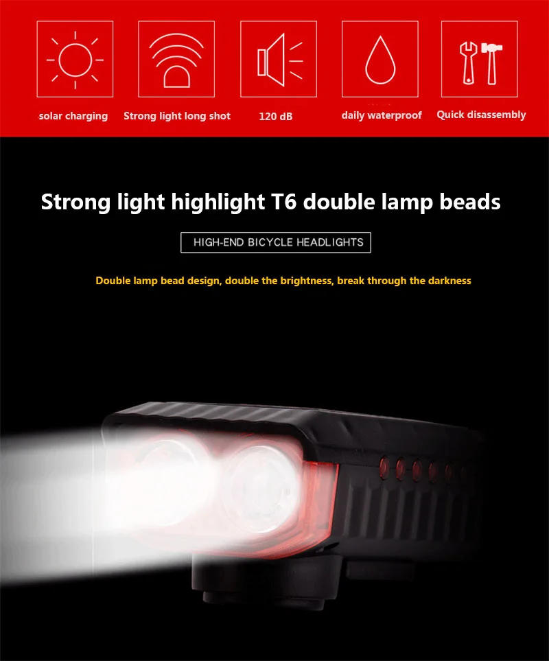 Description Picture 4 of item4000mAh Bicycle Light 1200 Lumen Bike Headlight Solar Flashlight Handlebar Bike Bell USB Charging MTB Road Cycling Highlight