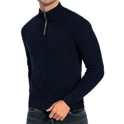 Fall Winter Men Sweater Zipper Half-high Collar Solid Color Pullover Knitted Soft Warm Elastic Striped Male Mid Length Sweater
